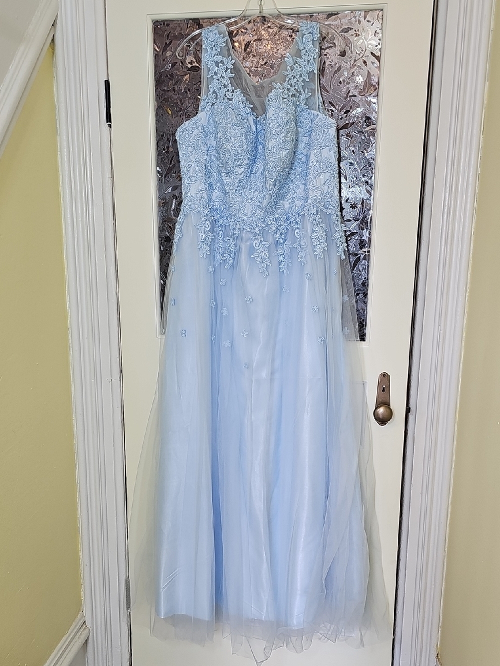 Light Blue Lace Appliqué Tulle Gown